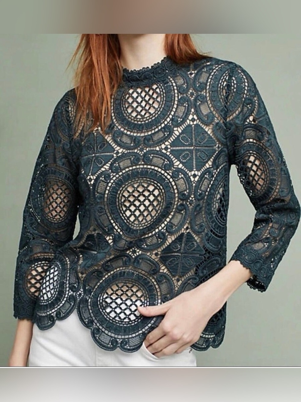 Anthropologie James Coviello Dark Green Lace Mock Neck Top Women’s Small